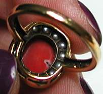  RED CORAL, SEED PEARL & DIAMOND 9ct yellow gold milgrain ring  