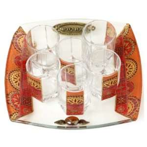  Glass Wine Cup Set with Tray and Six Cups Decorated with Mosaic 