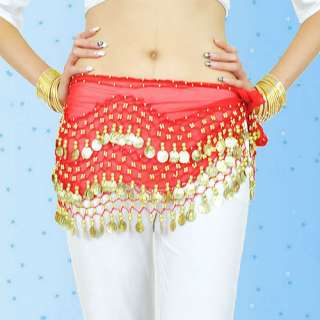 Colorful 3 Rows Belly Dance Hip Skirt Scarf Wrap Belt with 128 Golden 