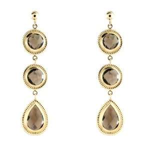   Gold Pear with Round Smoky Quartz Triple Dangle Earrings Jewelry