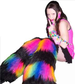 Thigh High Fluffy Leg Warmers Neon Rainbow Black RAVE  