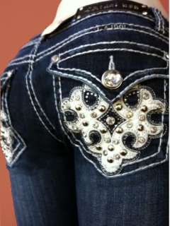 Women Plus Size LA Idol Bootcut Jeans Crystal Fleur De Lis Jewel 