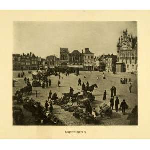 1906 Print Middelburg City Square Netherlands University Hall Market 