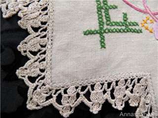   Linen Tablecloth Hand Embroidered Flowers Crochet Lace Edge  