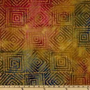   Indian Batik Tribal Squares Olive/Blue Fabric By The Yard Arts