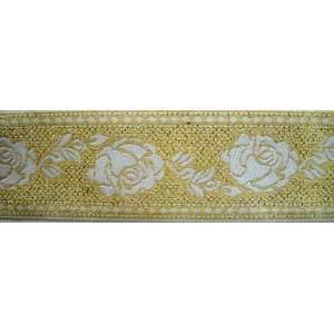  White and Metallic Gold Rose Jacquard Ribbon 1.75 Inch 