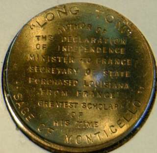 Thomas Jefferson US MINT Version #1 Commemorative Bronze Medal   Token 