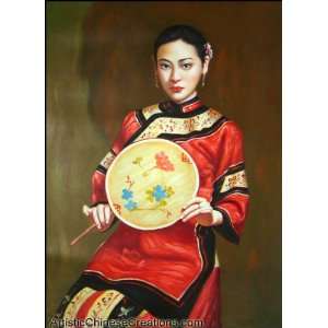   Fine Art Chinese Oil Painting   Maiden Holding Fan
