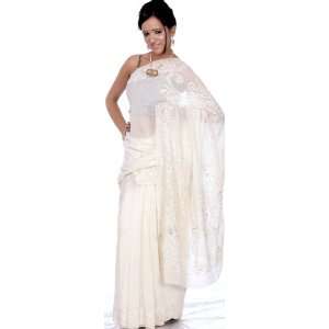 Ivory Wedding Sari from Lucknow with Embroidered Paisleys and Sequins 