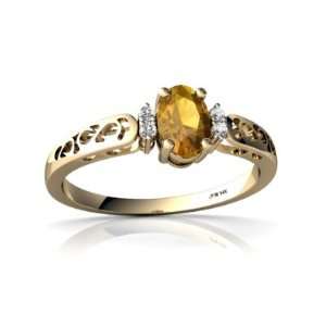  14K Yellow Gold Oval Genuine Citrine Filligree Ring Size 7 