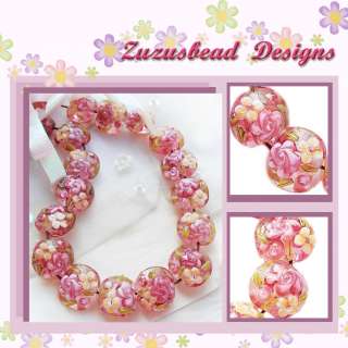 Handmade Lampwork Glass Lentil Beads Crystal Pink Flowers 19mm 8 Beads 
