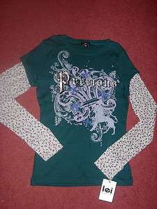 NWT womens LEI layered look long sleeved graphic t shirt in teal jrs 