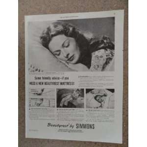 by Simmons, Vintage 40s full page print ad. (woman asleep/little 