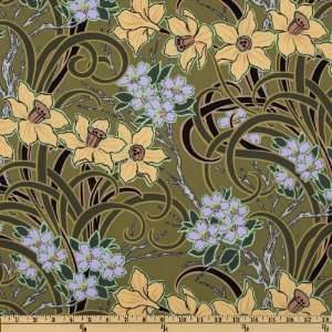    Wide Phillip Jacobs Daffodills & Dogwoods Green Fabric By The Yard