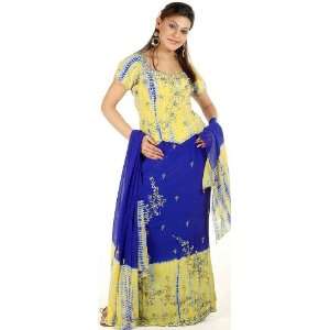  Lime and Blue Batik Dyed Lehenga Choli with Sequins and 