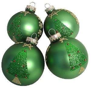  Set of 4 Green Glitter Christmas Tree Glass Ball Ornaments 