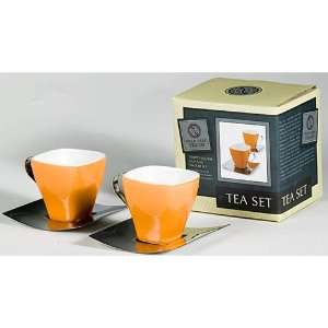  Wild Leaf Tea Co 4pc Square Cup and Saucer Set   Orange 