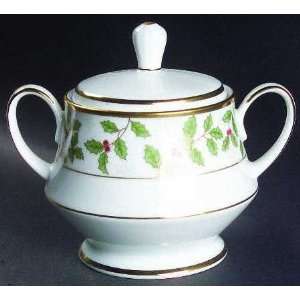   Holly And Berry Gold Sugar Bowl & Lid, Fine China Dinnerware Home