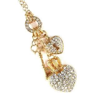  Gold Tone Key and Heart Charm Necklace Jewelry