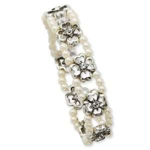 Silver tone Crystal Cultura Glass Pearl Double Strand Stretch Bracelet 