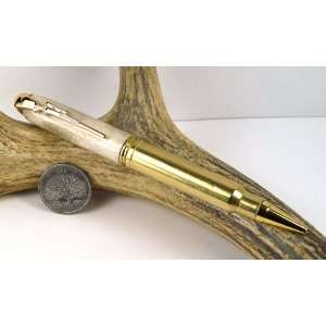  Deer Antler 338 Mag Rifle Cartridge Pen With a Gold Finish 