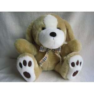   Plush Tan & White Dog with Gold and Black Plaid Bow 