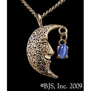  Necklace, 14k Yellow Gold, Dark Blue set gemstone, Moon Star Jewelry 
