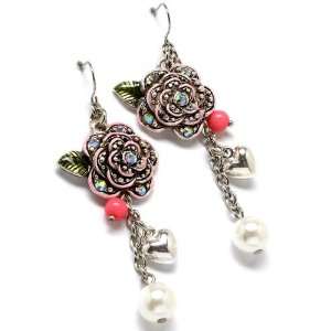  Gothic Lolita Pink Rose Romance Earrings Silver 