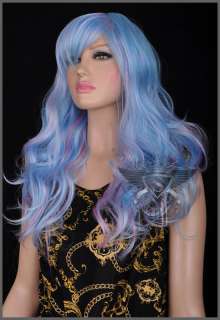 GW353 Blue Anime Cosplay Layer Long Curly Punk Rock Full Wig  