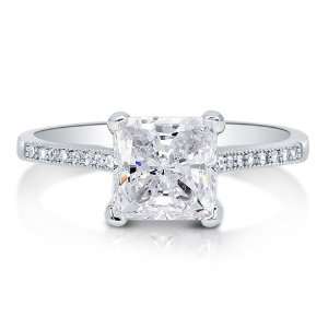 Princess Cut Cubic Zirconia CZ Sterling Silver Solitaire Ring 1.96 ct 