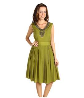 Ellen Tracy Pleated Fit and Flare Dress w/ Embellished Neckline 