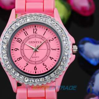   Lots of 5pcs Pink Gel Lovely Womens Sport Wrist Watches Bling Crystal
