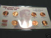 1982 LINCOLN CENT UNCIRCULATED 7 VARIETY PENNY SET.   COPPER & ZINC 
