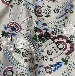   Fabric. Silver Gray with Blue & Burgundy Embroidery Flowers  