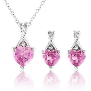 Sterling Silver Created Pink Sapphire and Diamond Accent Heart Earring 
