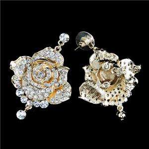 Trio Rose Flower Necklace Earring Set Rhinestone Crystal Clear  