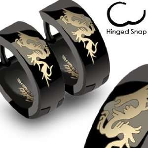 Black Anodized Stainless Steel Huggies with Dragon   Approx 14mm 
