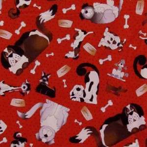 POUND HOUND DOGS ON RED W/BLK DOTS  Cotton Quilt Fabric  