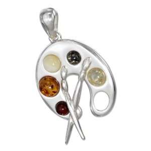   Silver Artist Palette Pendant with Amber Stones and Brushes. Jewelry