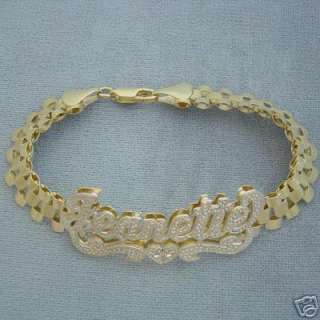 10K Solid Gold Name Bracelet Iced 3D Double Plates RB10  