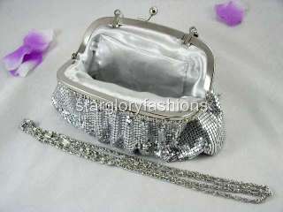 Silver Metallic Evening Clutch Full Jeweled Frame  