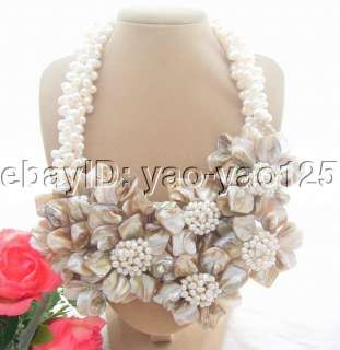 Charming 4Strds White Pearl&Shell Flower Necklace  