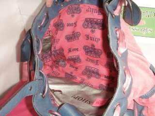Juicy Couture Pink Velour Blue Leather Belted Shopper Purse Handbag 