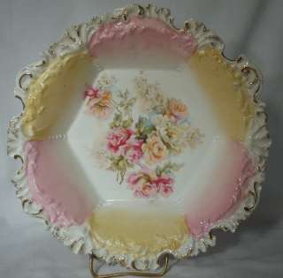 RS PRUSSIA china Circle Mark Large Yellow & Pink 6 sided Floral Bowl 