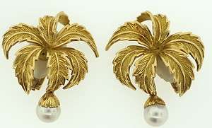   18K YELLOW GOLD PALM TREE EARRINGS PEARLS SIGNED CLIP ON HALLMARKS