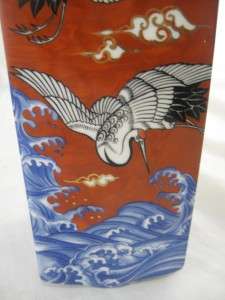 Beautiful Red & Blue Fine Japanese Porcelain Crane Ocean & Cloud 