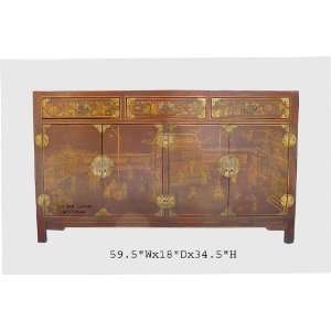 Chinese Red Gold Painted Leather Buffet Table Cabinet  