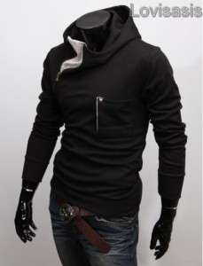 Mens Side zipper slim fit hoodie Hoody sweatshirt Black  