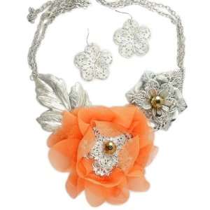 Silver Colored Orange Flower Necklace Jewelry