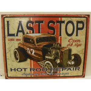  Last Stop Hot Rod Repair Distressed Retro Vintage Tin Sign 